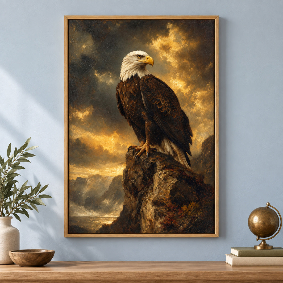 Eagle Commanding Sky Vintage Portrait Canvas Wall Art | brown_independent_close
