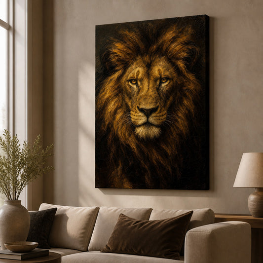Lion Absolute Control Vintage Portrait Canvas Wall Art — room scene