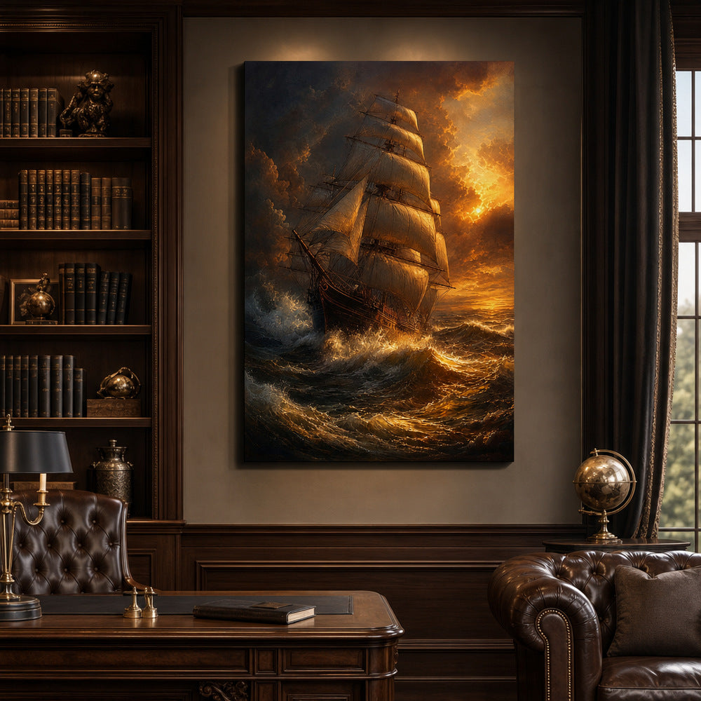 Golden Storm Flagship Classical Maritime Canvas Wall Art - 02_wall_scene