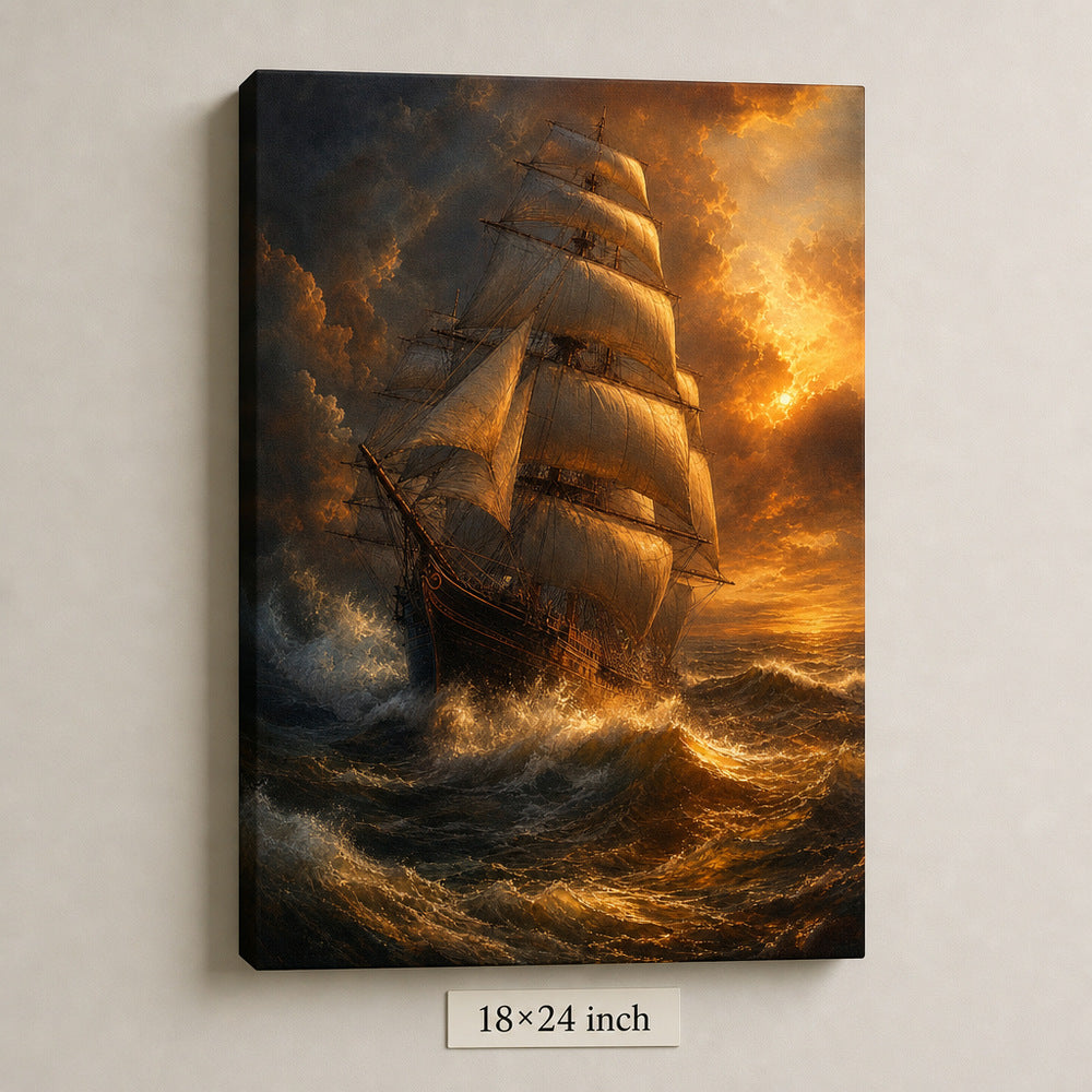 Golden Storm Flagship Classical Maritime Canvas Wall Art - 05_sku_18x24_wall
