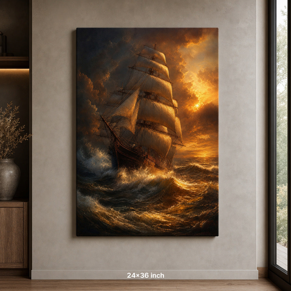 Golden Storm Flagship Classical Maritime Canvas Wall Art - 06_sku_24x36_wall