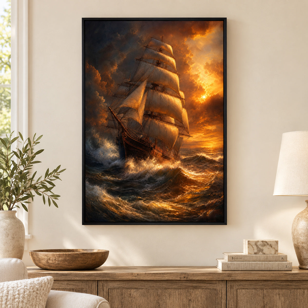 Golden Storm Flagship Classical Maritime Canvas Wall Art | black_independent_close