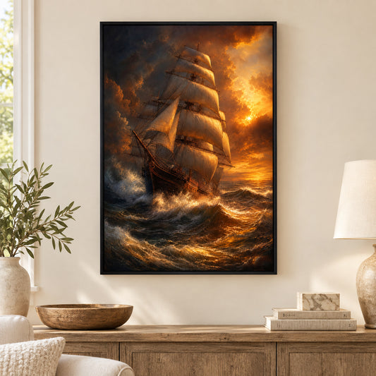 Golden Storm Flagship Classical Maritime Canvas Wall Art | black_independent_close