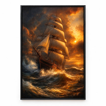 Golden Storm Flagship Classical Maritime Canvas Wall Art | black_sku
