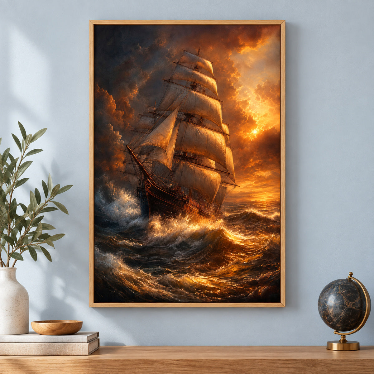 Golden Storm Flagship Classical Maritime Canvas Wall Art | brown_independent_close