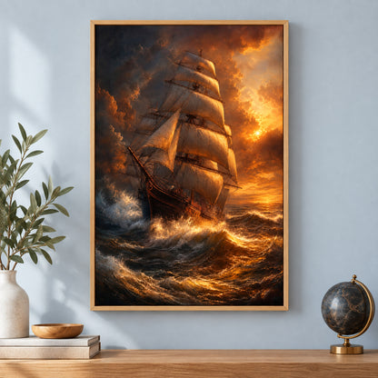 Golden Storm Flagship Classical Maritime Canvas Wall Art | brown_independent_close