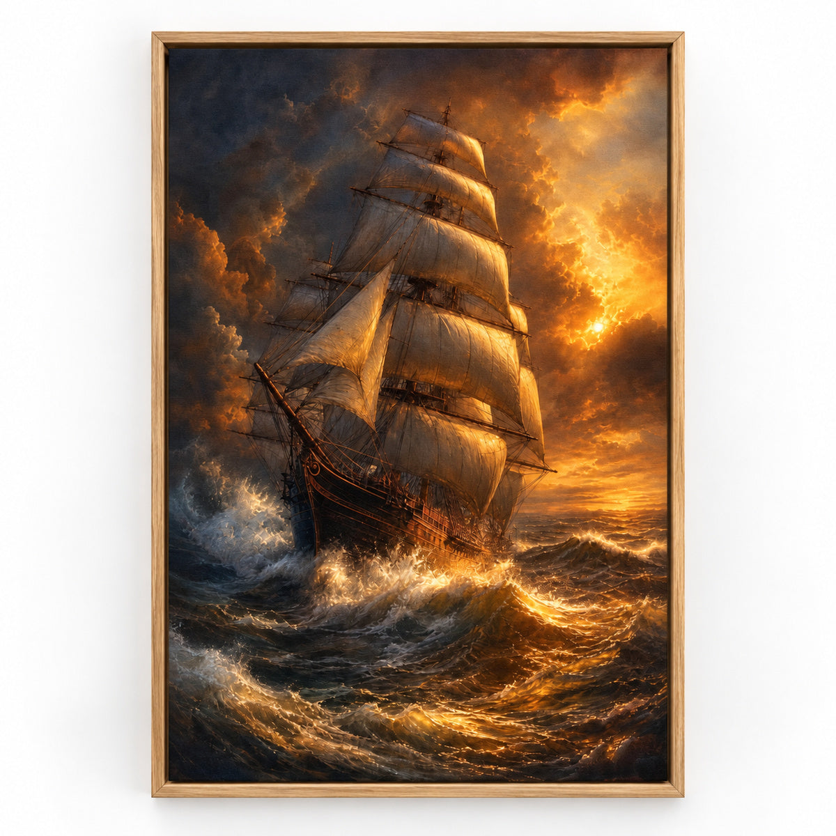 Golden Storm Flagship Classical Maritime Canvas Wall Art | brown_sku