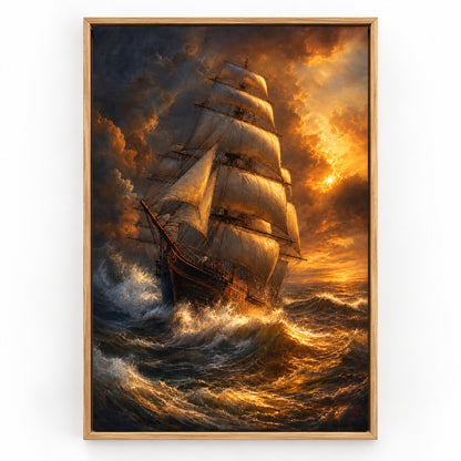 Golden Storm Flagship Classical Maritime Canvas Wall Art | brown_sku