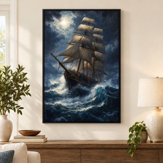 Deep Blue Tempest Classical Maritime Canvas Wall Art | black_independent_close