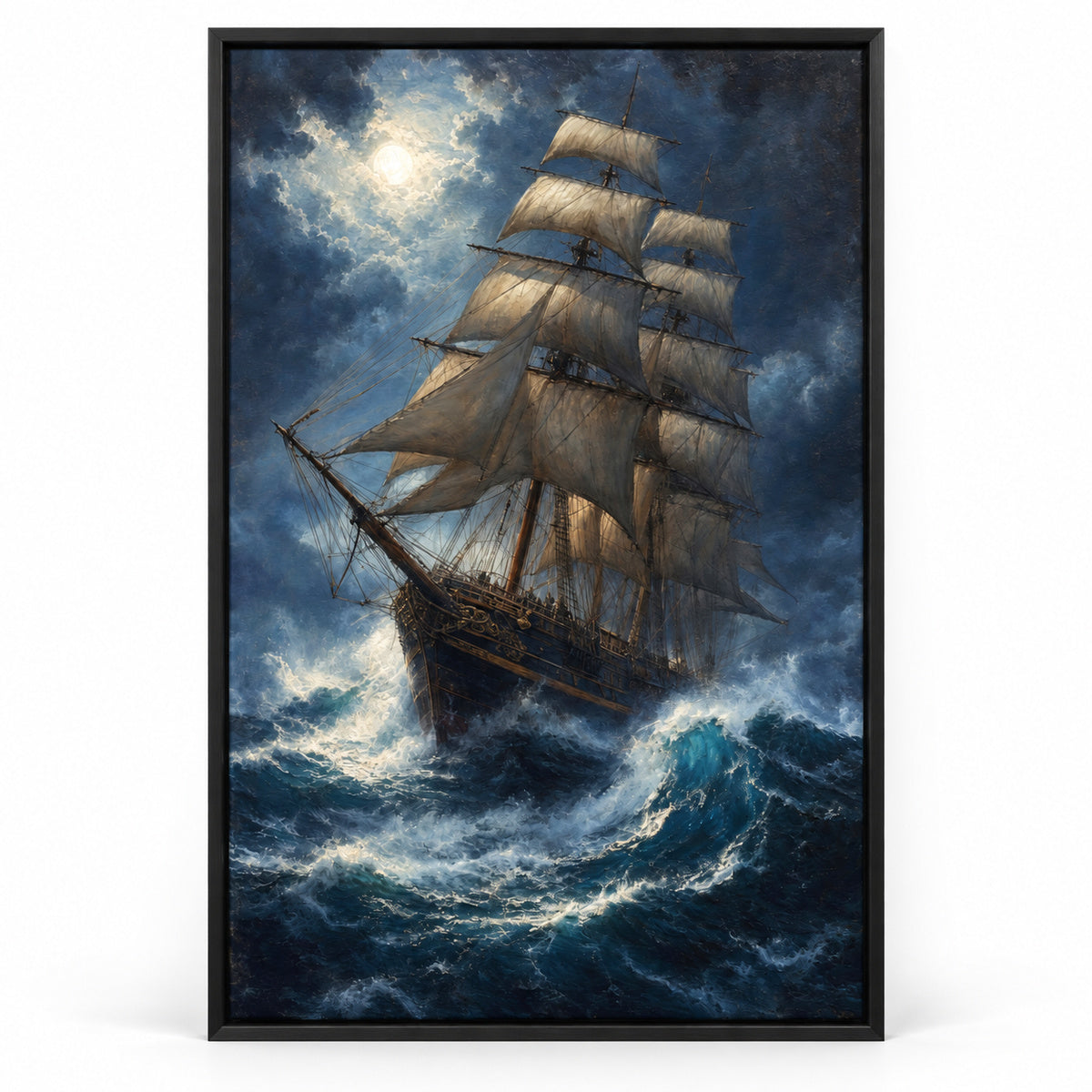 Deep Blue Tempest Classical Maritime Canvas Wall Art | black_sku