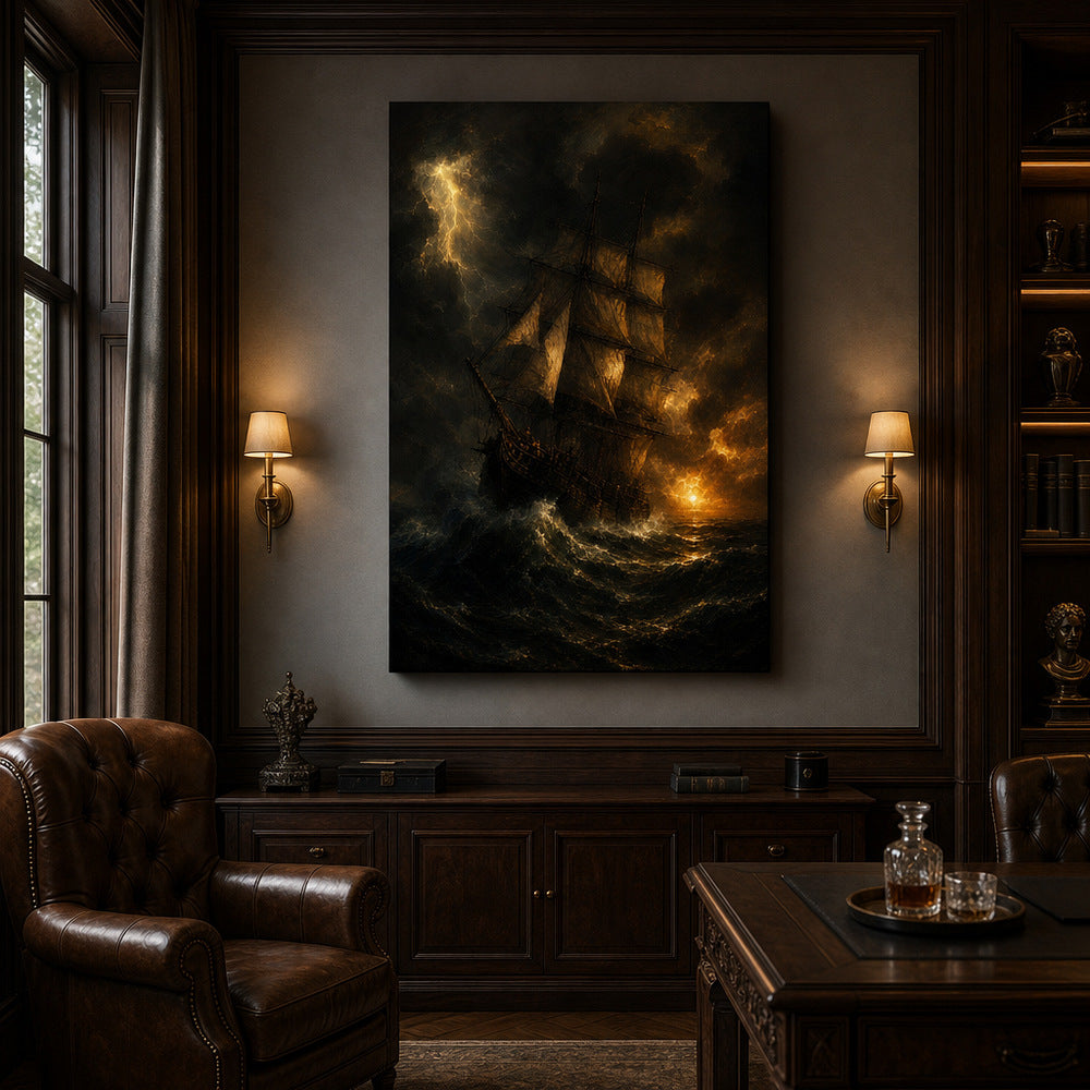 Black Sea Gold Sails Classical Maritime Canvas Wall Art - 02_wall_scene