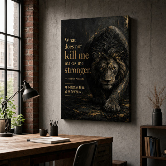 Dark Lion Nietzsche Adversity Resilience Canvas Wall Art — room scene