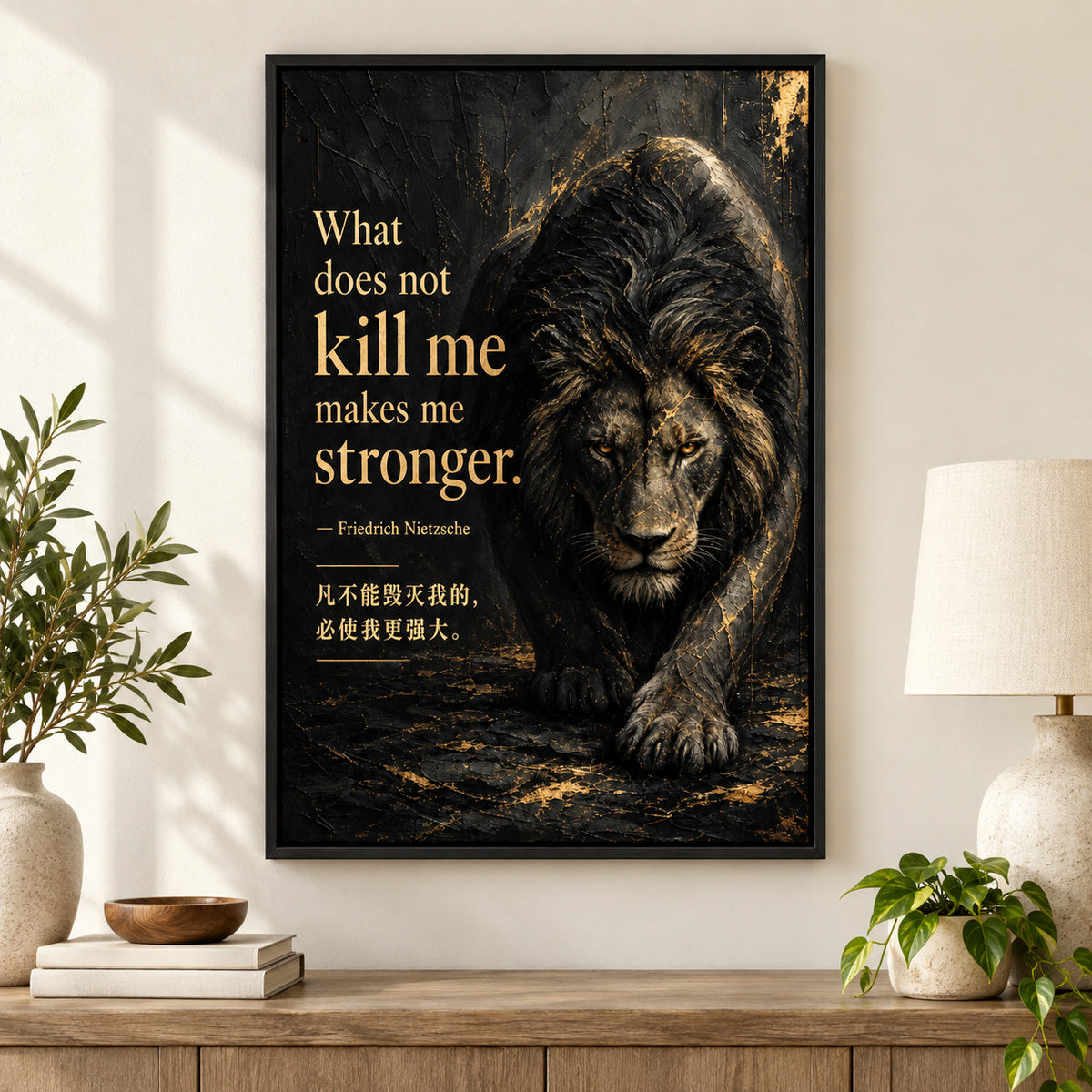 Dark Lion Nietzsche Adversity Resilience Canvas Wall Art | black_independent_close