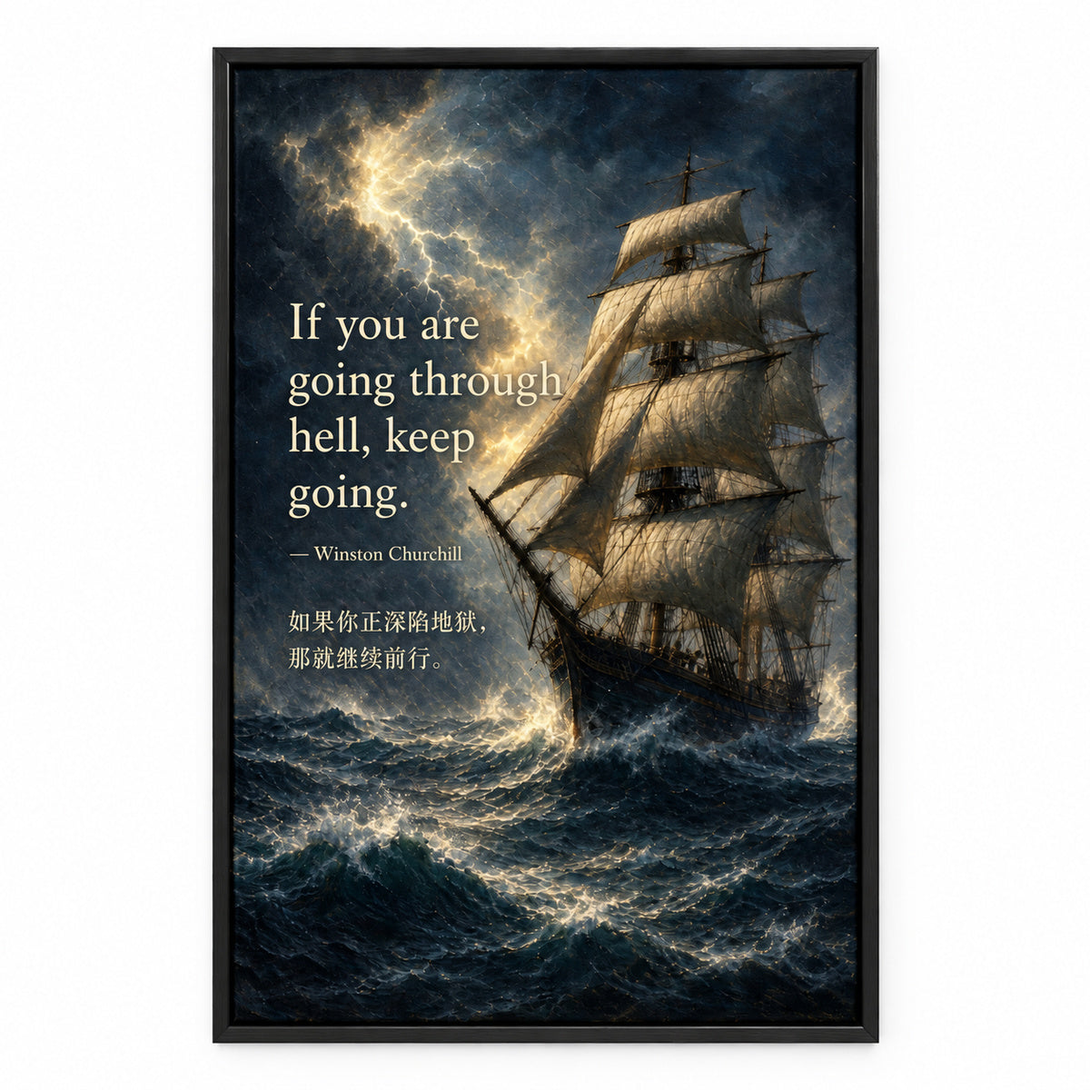 Storm Ship Churchill Adversity Resilience Canvas Wall Art | black_sku