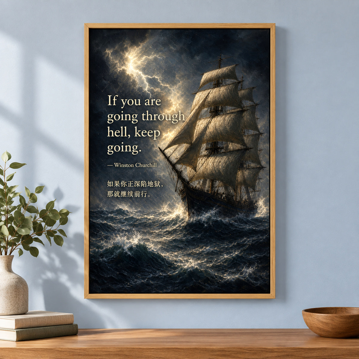 Storm Ship Churchill Adversity Resilience Canvas Wall Art | brown_independent_close