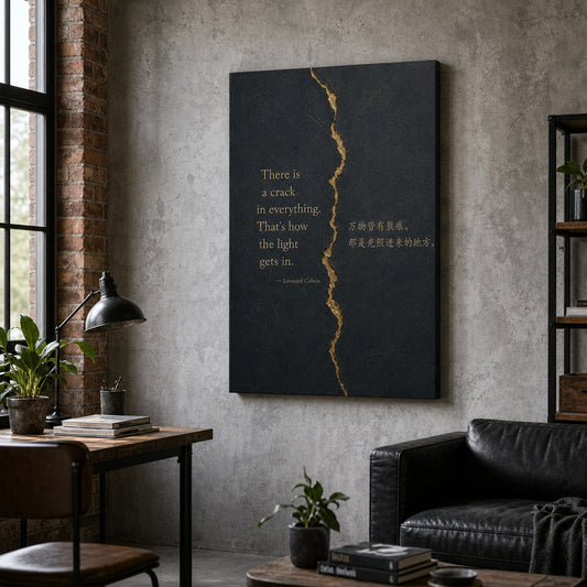 Dark Gray Gold Crack Texture Leonard Cohen Canvas Wall Art — room scene