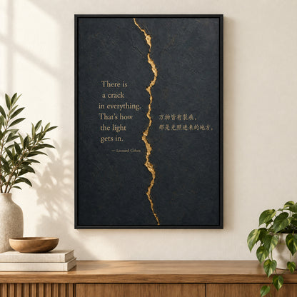 Dark Gray Gold Crack Texture Leonard Cohen Canvas Wall Art | black_independent_close