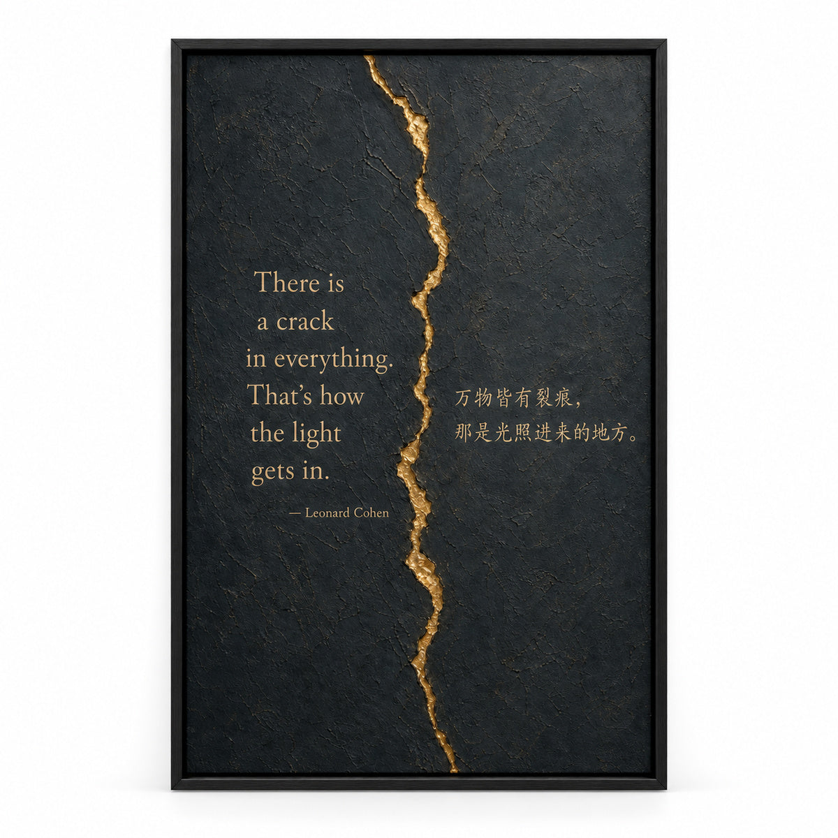 Dark Gray Gold Crack Texture Leonard Cohen Canvas Wall Art | black_sku