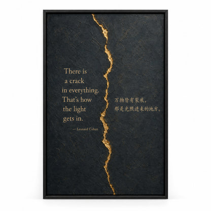 Dark Gray Gold Crack Texture Leonard Cohen Canvas Wall Art | black_sku