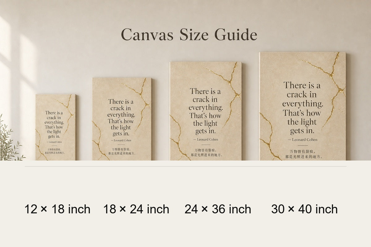 Oatmeal Gold Kintsugi Serif Leonard Cohen Canvas Wall Art - 08_size_comparison
