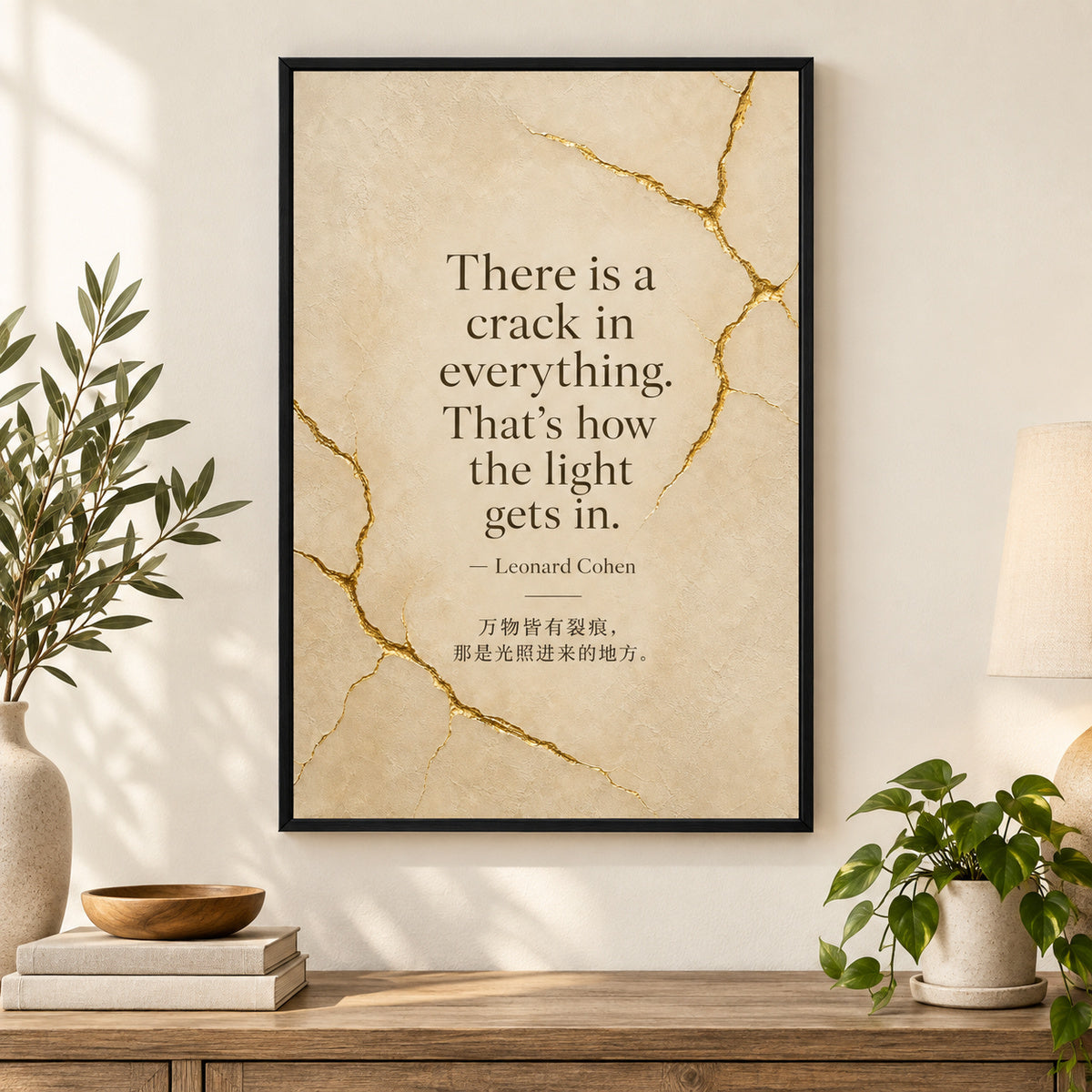 Oatmeal Gold Kintsugi Serif Leonard Cohen Canvas Wall Art | black_independent_close