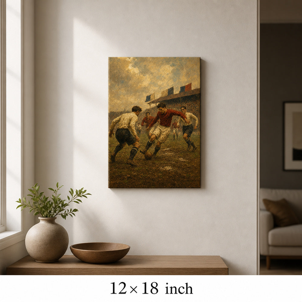 Vintage 1930s Football Match Oil Painting Canvas Wall Art — 12×18 room mockup
