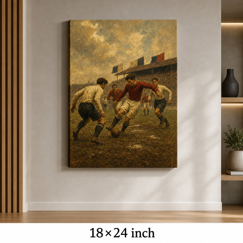 Vintage 1930s Football Match Oil Painting Canvas Wall Art — 18×24 room mockup