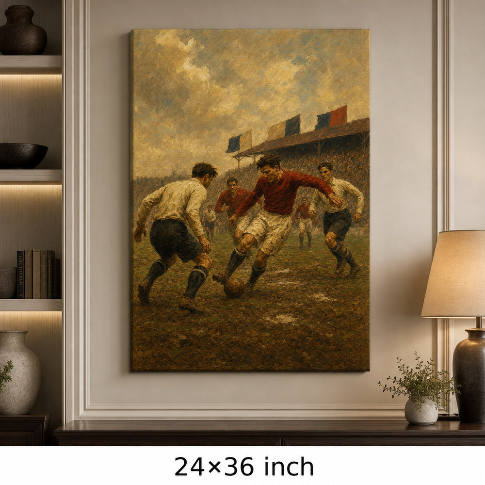 Vintage 1930s Football Match Oil Painting Canvas Wall Art — 24×36 room mockup