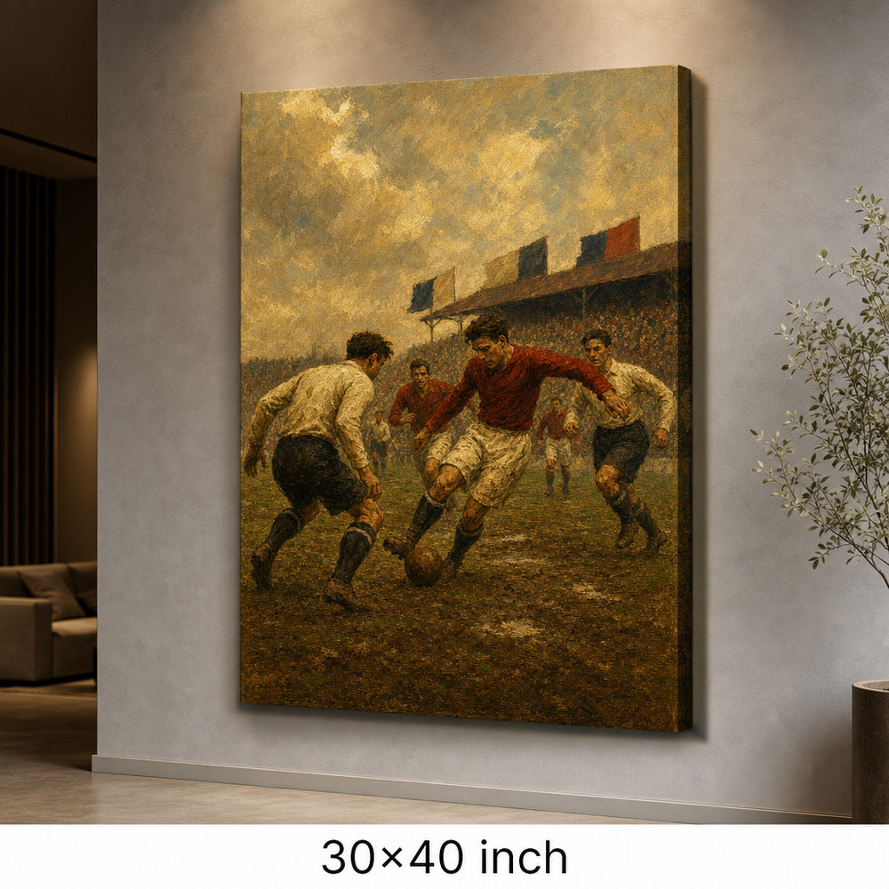 Vintage 1930s Football Match Oil Painting Canvas Wall Art — 30×40 room mockup