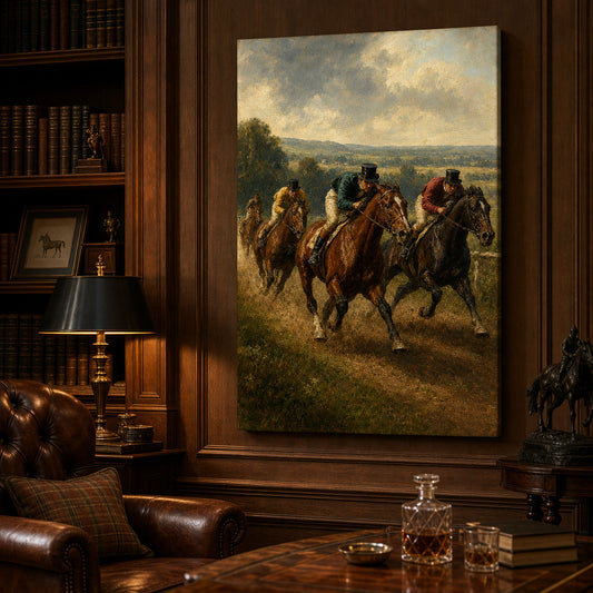 Early Equestrian Race Vintage Oil Painting Canvas Wall Art — room scene