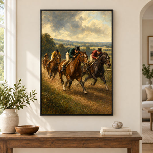 Early Equestrian Race Vintage Oil Painting Canvas Wall Art | black_independent_close