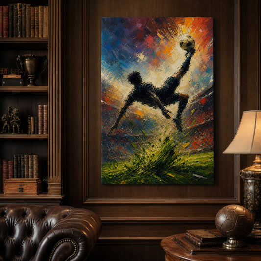 Bicycle Kick Impasto Silhouette Football Oil Painting Canvas Wall Art — room scene