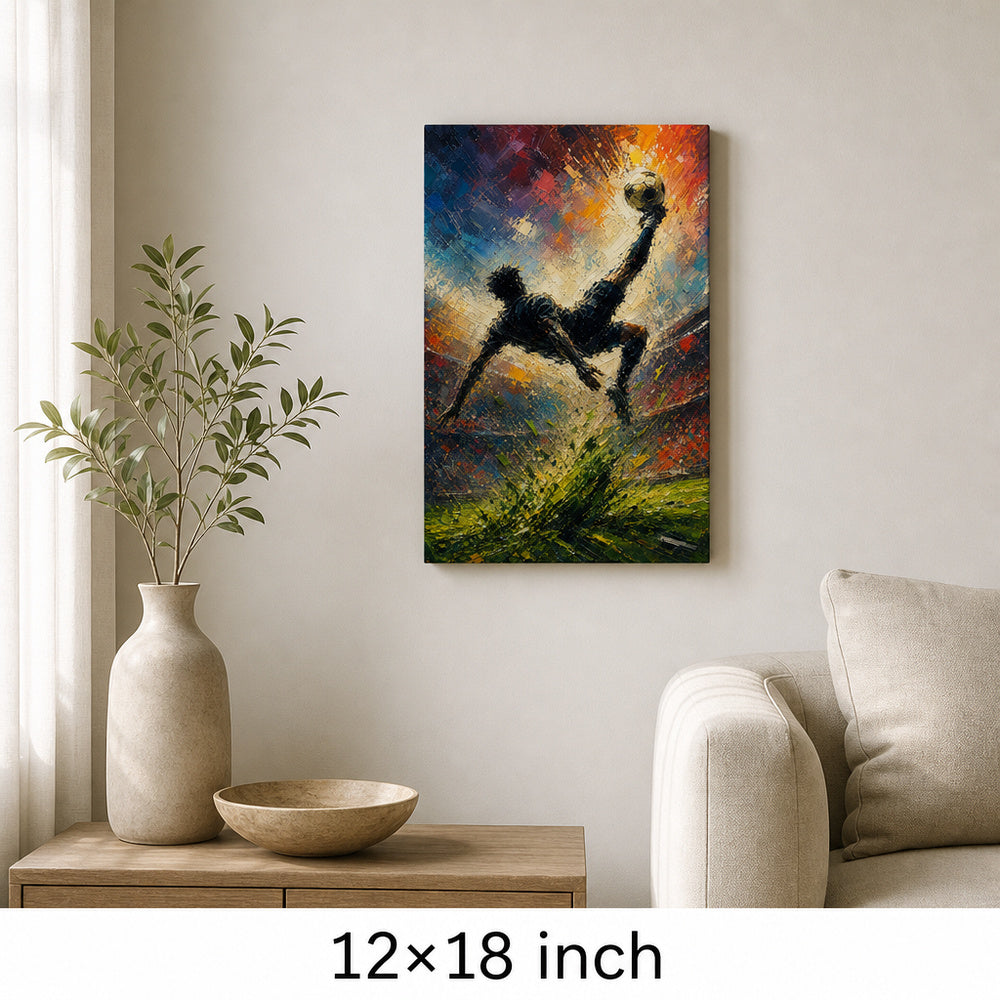 Bicycle Kick Impasto Silhouette Football Oil Painting Canvas Wall Art — 12×18 room mockup