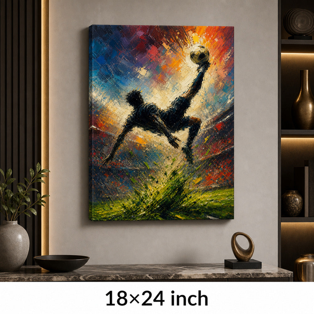 Bicycle Kick Impasto Silhouette Football Oil Painting Canvas Wall Art — 18×24 room mockup