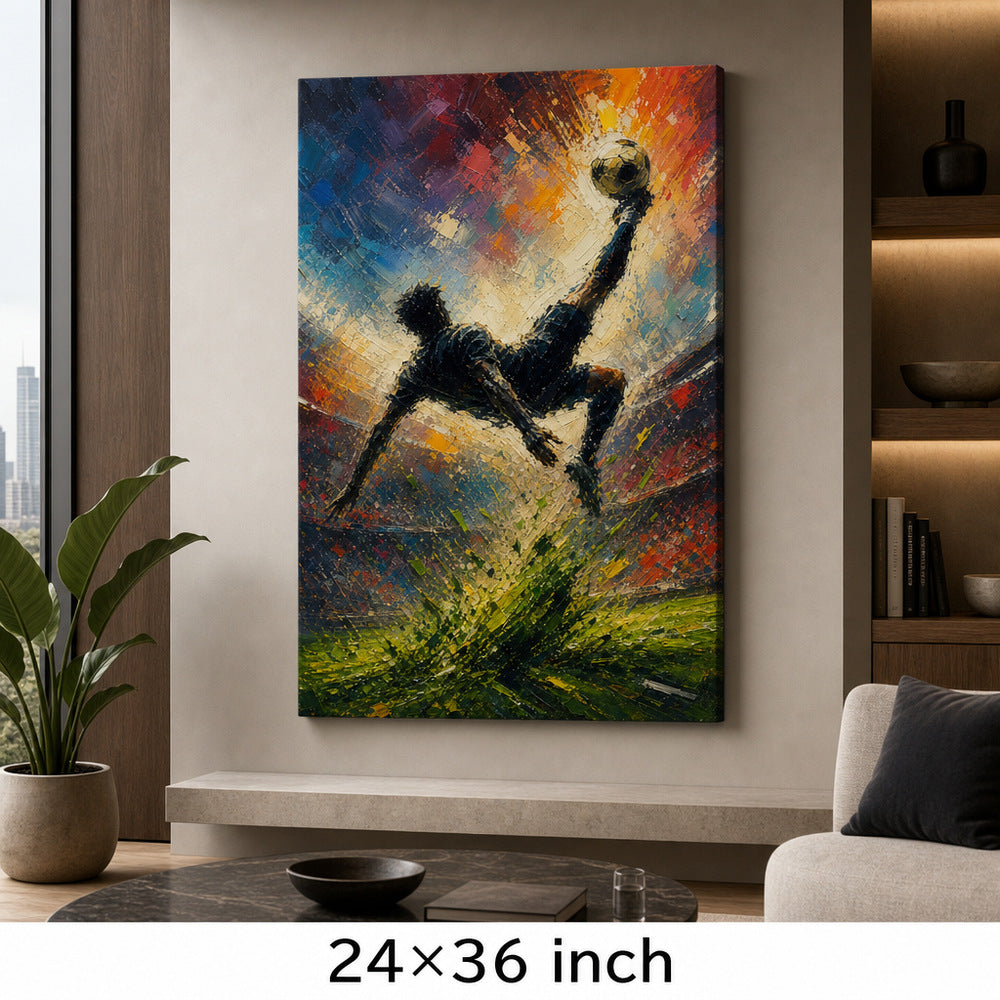Bicycle Kick Impasto Silhouette Football Oil Painting Canvas Wall Art — 24×36 room mockup
