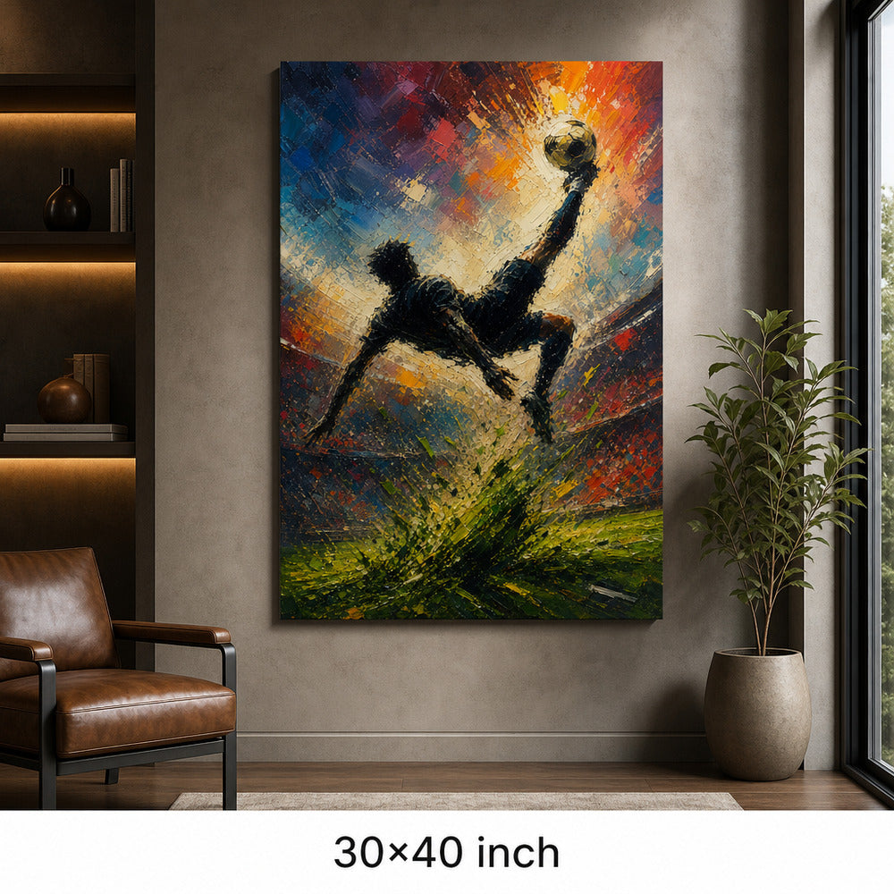 Bicycle Kick Impasto Silhouette Football Oil Painting Canvas Wall Art — 30×40 room mockup