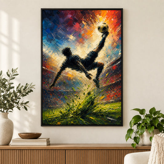 Bicycle Kick Impasto Silhouette Football Oil Painting Canvas Wall Art | black_independent_close