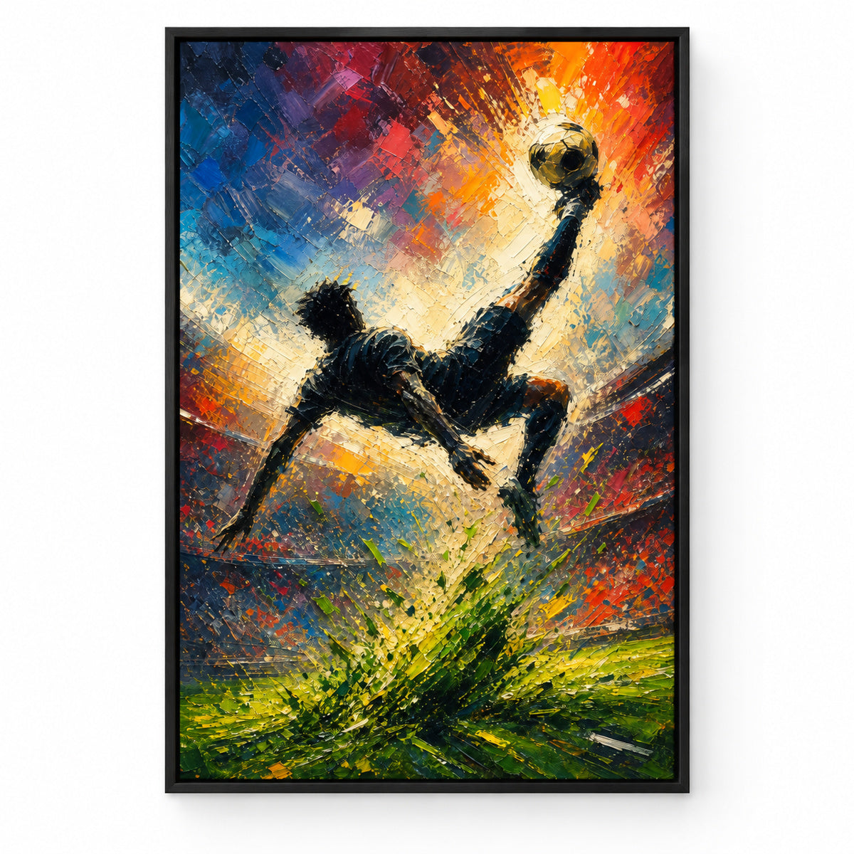 Bicycle Kick Impasto Silhouette Football Oil Painting Canvas Wall Art | black_sku