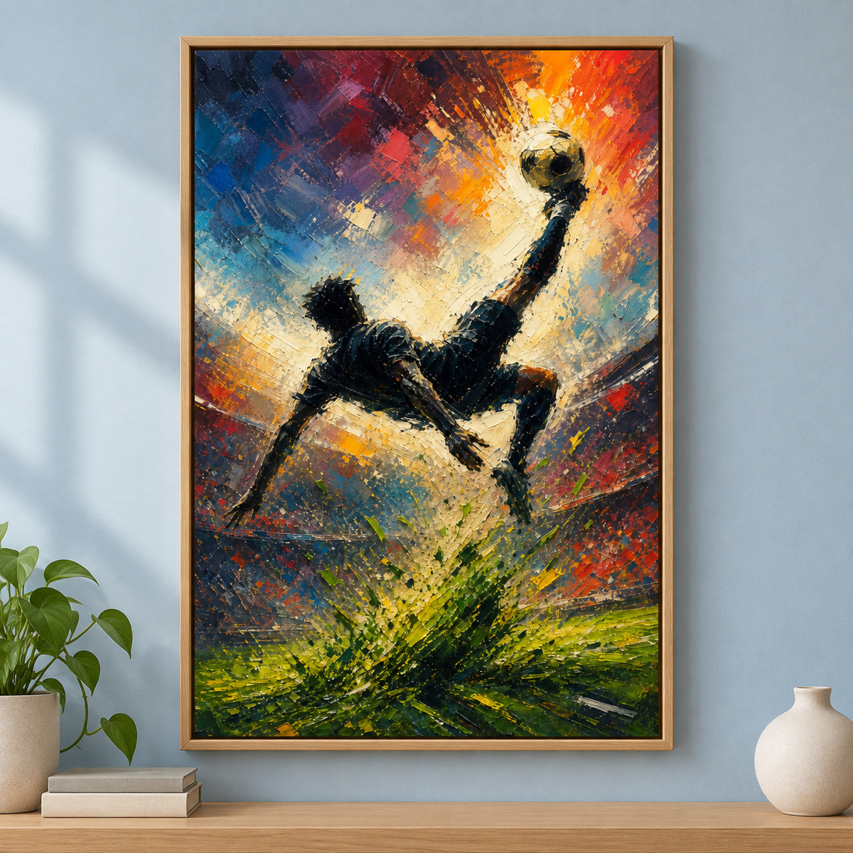 Bicycle Kick Impasto Silhouette Football Oil Painting Canvas Wall Art | brown_independent_close