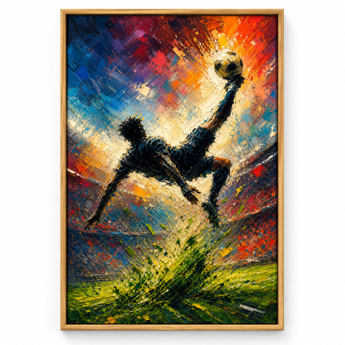 Bicycle Kick Impasto Silhouette Football Oil Painting Canvas Wall Art | brown_sku
