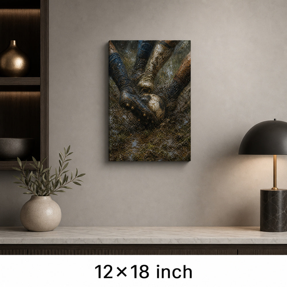 Muddy Tackle Boots Football Oil Painting Canvas Wall Art — 12×18 room mockup