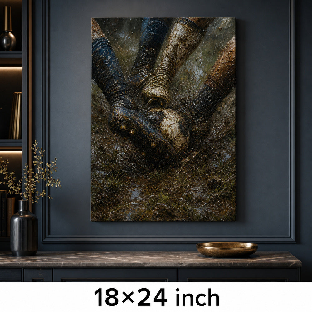 Muddy Tackle Boots Football Oil Painting Canvas Wall Art — 18×24 room mockup