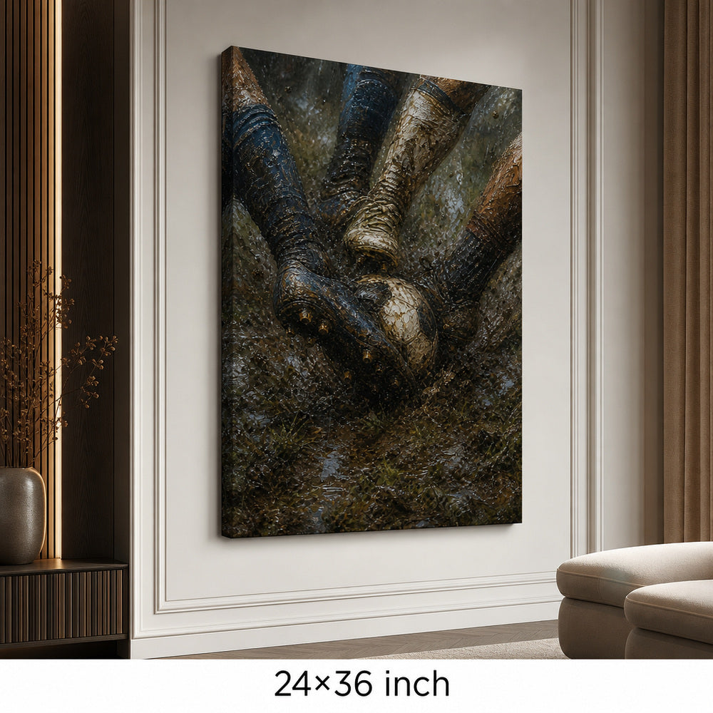 Muddy Tackle Boots Football Oil Painting Canvas Wall Art — 24×36 room mockup