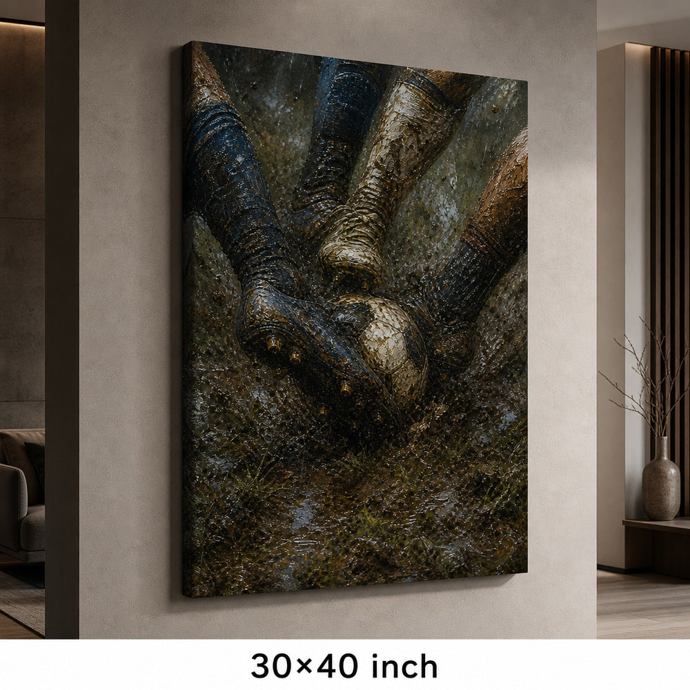 Muddy Tackle Boots Football Oil Painting Canvas Wall Art — 30×40 room mockup
