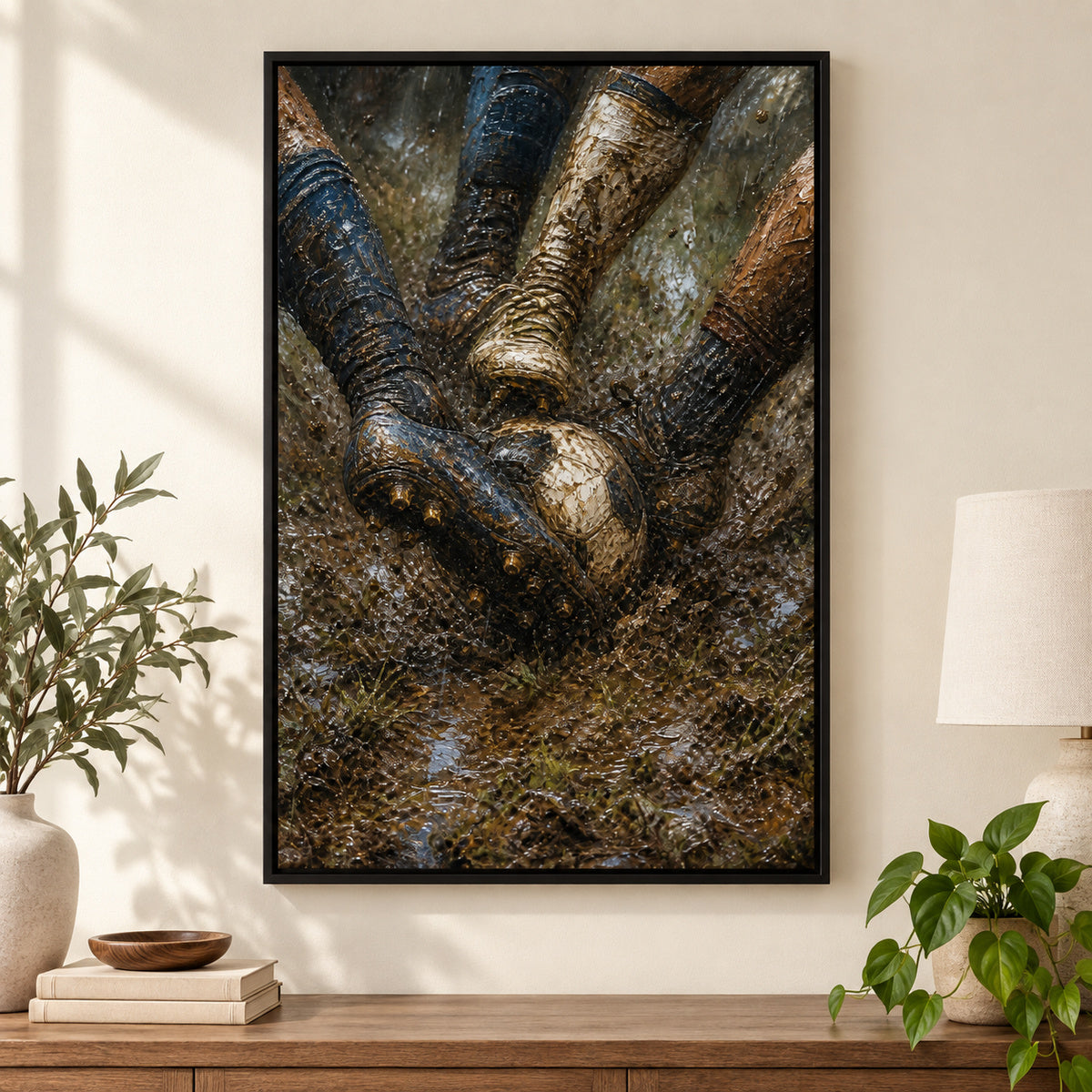 Muddy Tackle Boots Football Oil Painting Canvas Wall Art | black_independent_close
