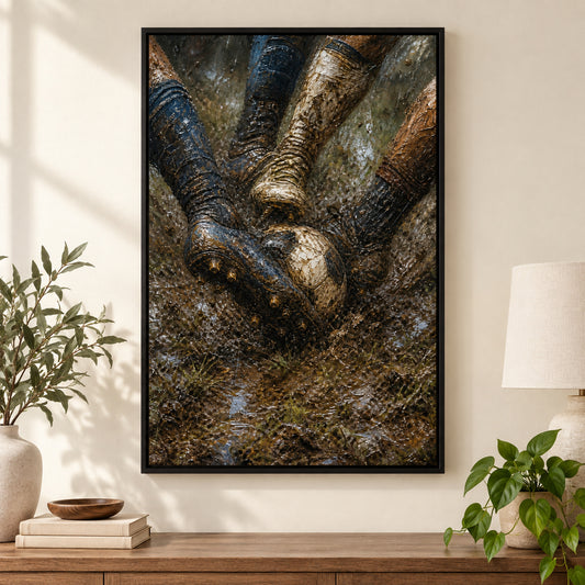 Muddy Tackle Boots Football Oil Painting Canvas Wall Art | black_independent_close