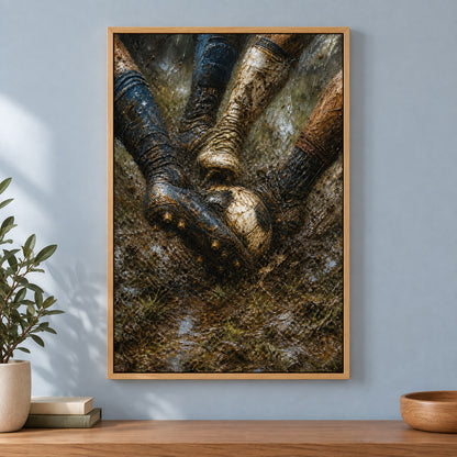 Muddy Tackle Boots Football Oil Painting Canvas Wall Art | brown_independent_close