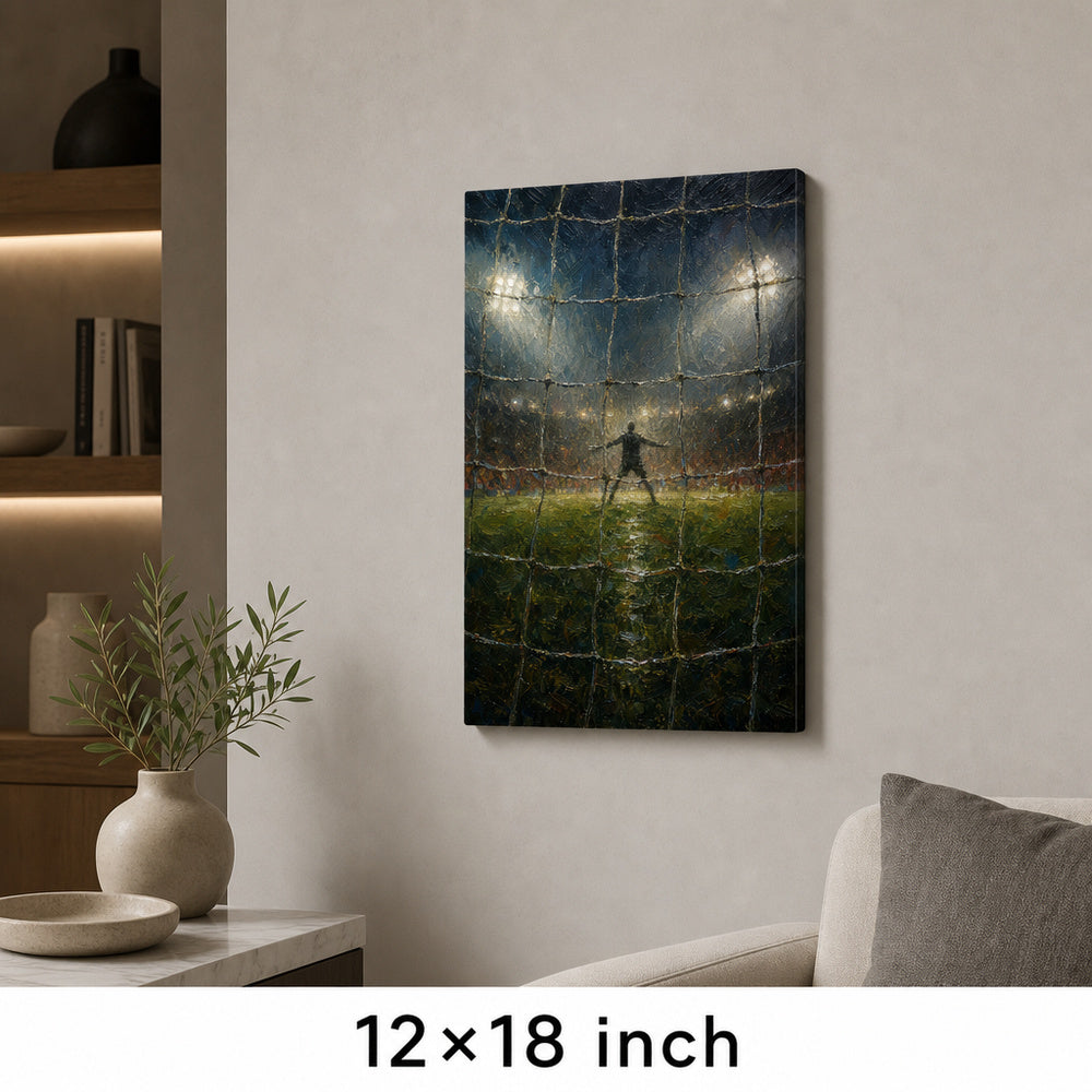 Goal Net Goalkeeper Gaze Football Oil Painting Canvas Wall Art — 12×18 room mockup
