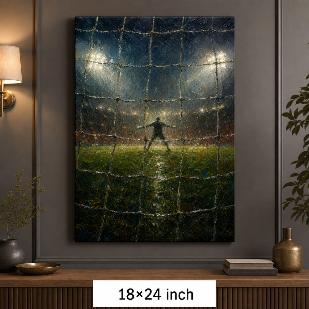 Goal Net Goalkeeper Gaze Football Oil Painting Canvas Wall Art — 18×24 room mockup