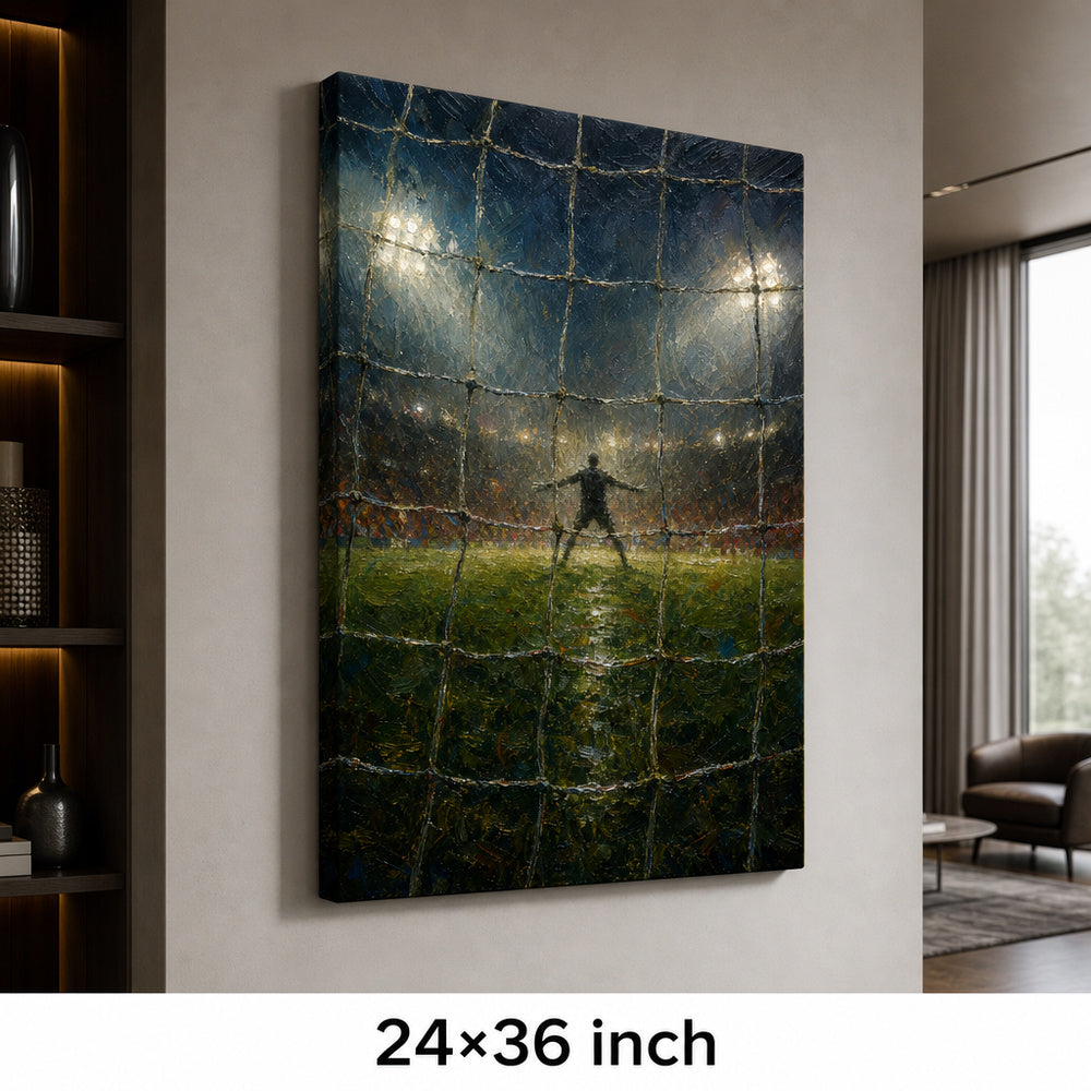 Goal Net Goalkeeper Gaze Football Oil Painting Canvas Wall Art — 24×36 room mockup